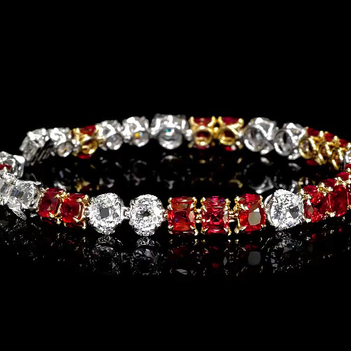 Cushion&Round Cut Ruby&White Sapphire Chain Bracelet