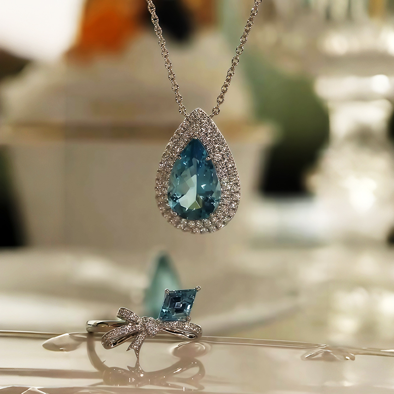 Ethereal Charming Sky Blue Aquamarine & White Sapphire Jewelry Set / 2 pieces