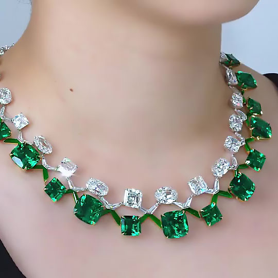 Multi-cut Emerald&White Sapphire Necklaces