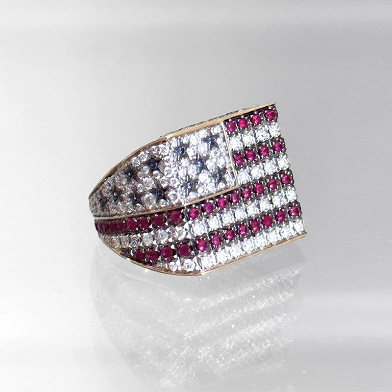 American Flag Motif White Sapphire Statement Band for Men/Women