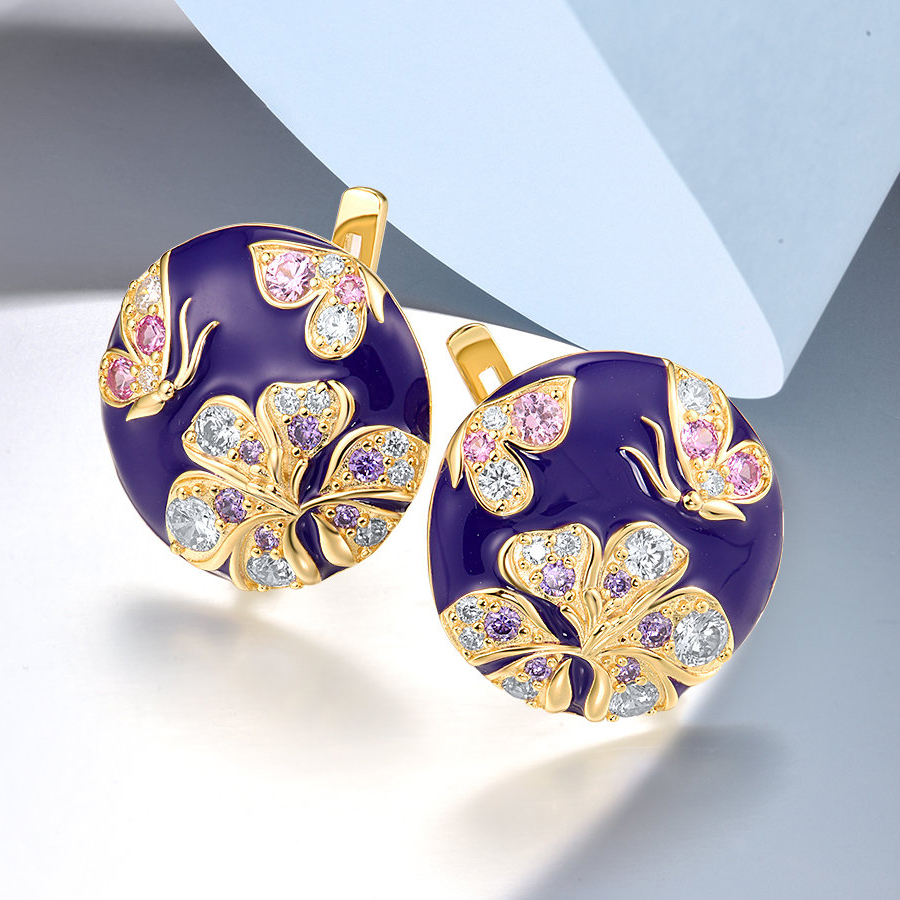 Blue Enamel Butterfly Flower Sapphire Stud Earrings