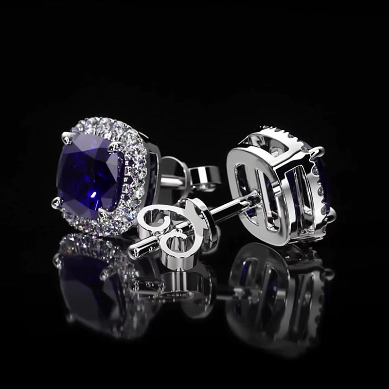 Blue Sapphire Cushion Cut Halo Stud Earrings