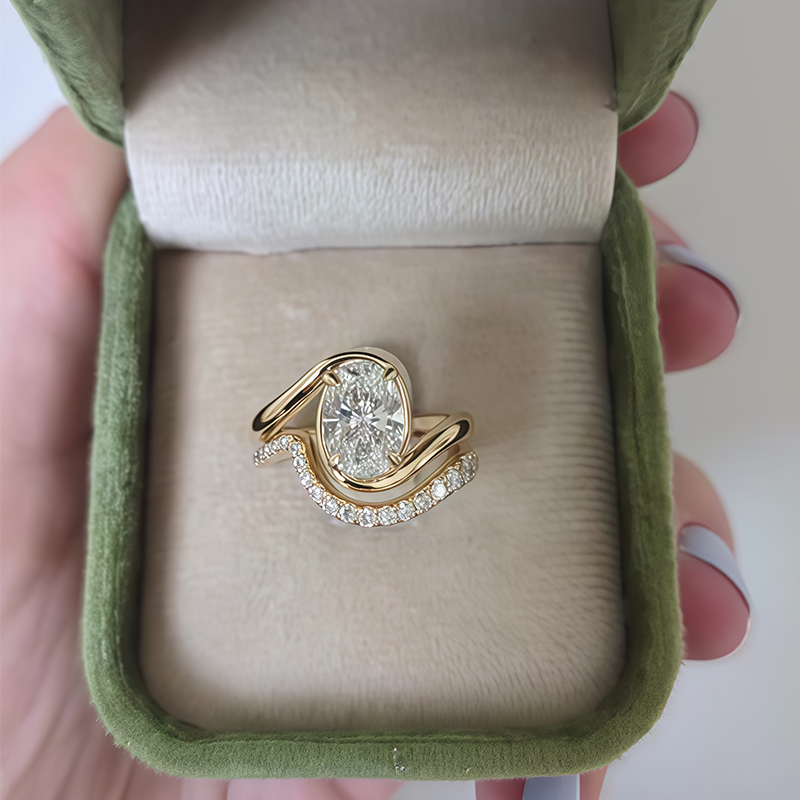 Oval Cut Bypass Shank Prong Setting Ring Bride Set / 2-piece