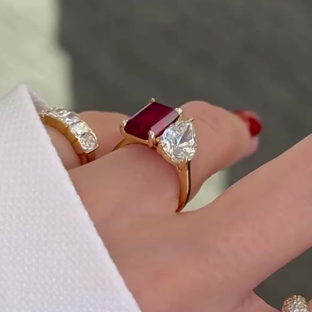 Toi et Moi 3ct Emerald&Pear Cut Ruby&White Sapphire Engagement Ring