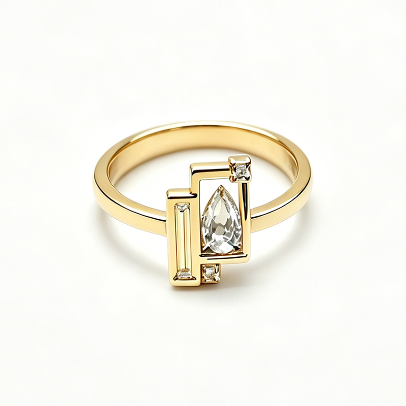 Art 1.25ct Pear & Rectangle Cut White Moissanite Open Frame Engagement Ring（2 Color Options）