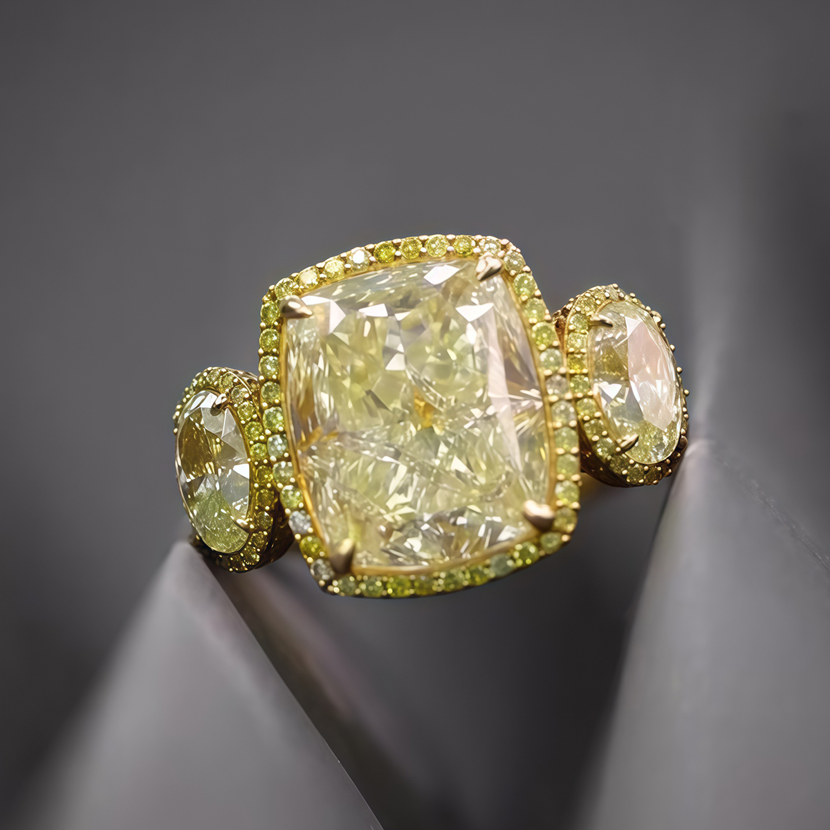 3ct Cushion Cut Yellow Sapphire Three Stone Ring