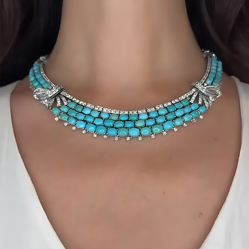 Turquoise & White Sapphire Multi-Layer Choker Necklace