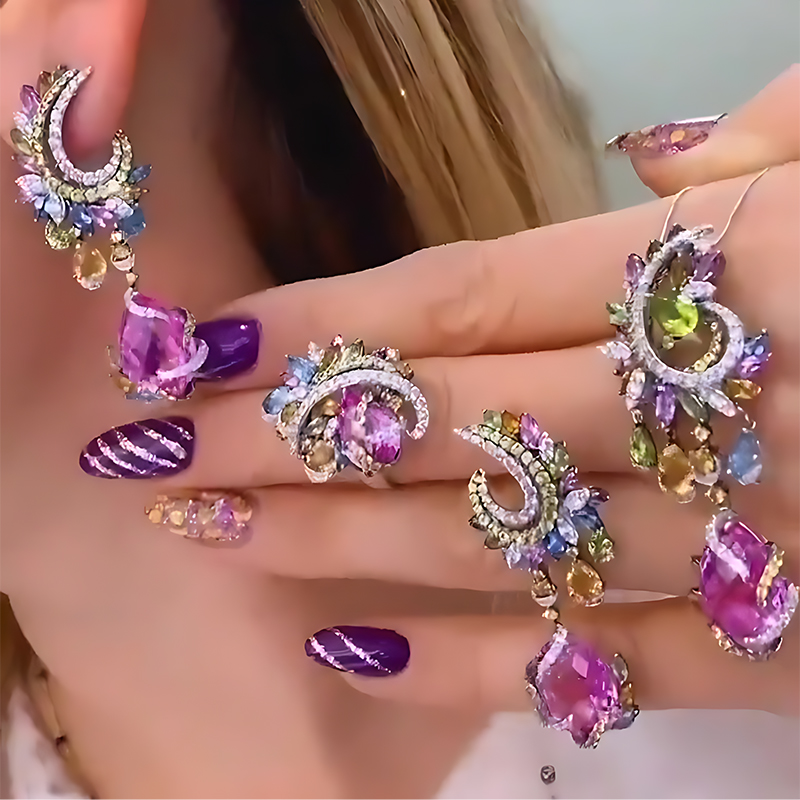 Rainbow Gemstone 3-Piece Jewelry Set (Necklace, Ring, Earrings)