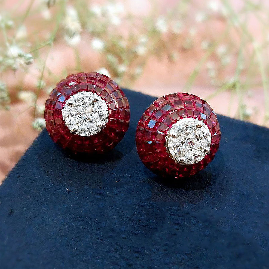 Invisible Setting Round Cut Ruby Sapphire Stud Earrings