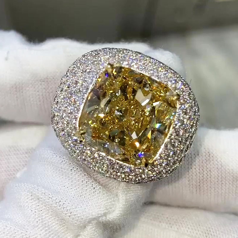 12.35ct Cushion Cut Yellow Sapphire Pave Men's Ring