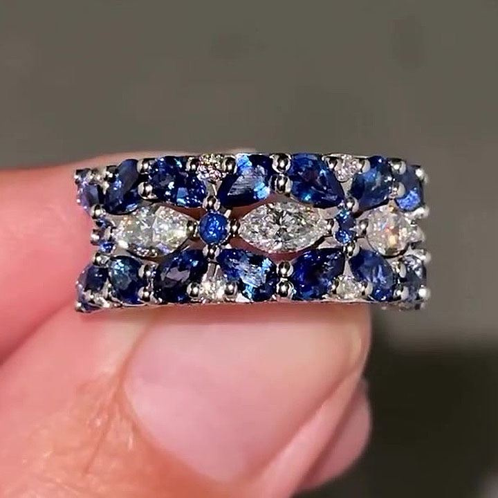 5.25ct Multi-Cut Blue&White Sapphire Wedding Band