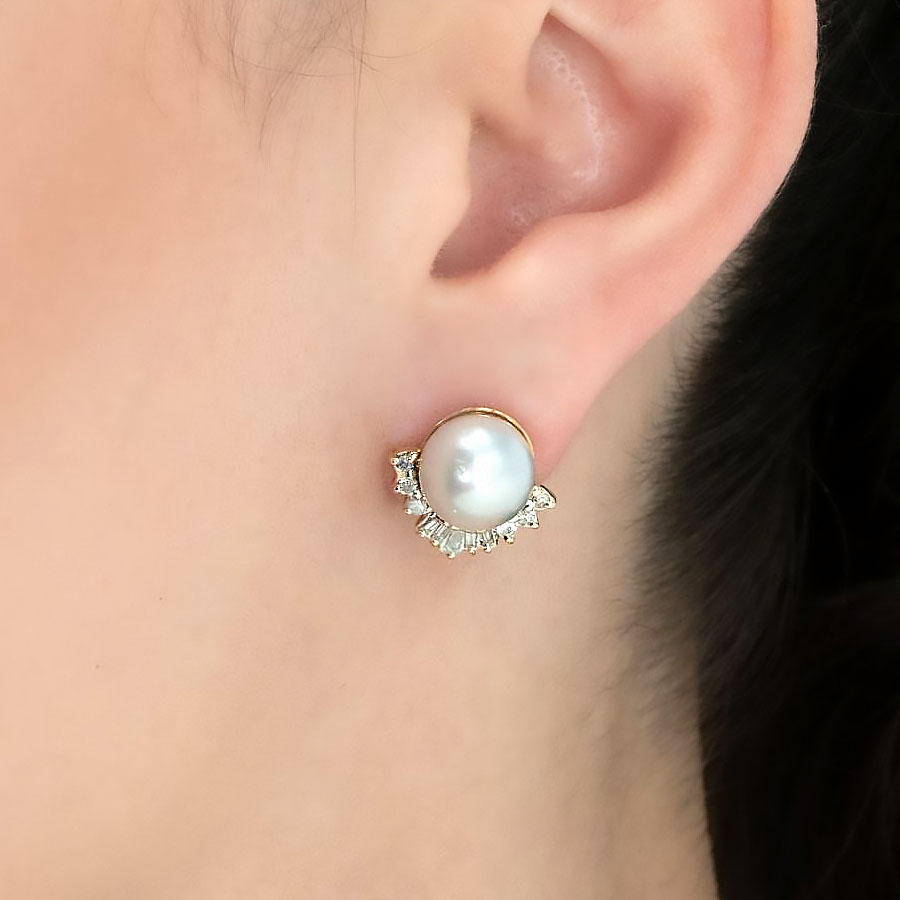 10MM Pearl&Diamond Sapphire Stud Earrings