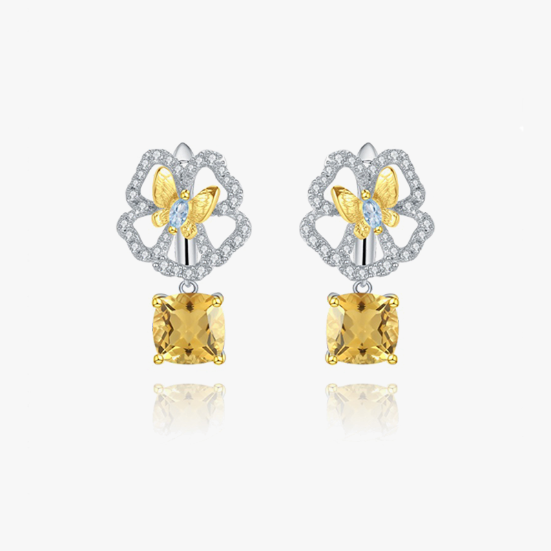 Designer-Cushion Cut Aquamarine / Yellow / Red Sapphire Butterfly Floral Shaped Drop Earrings(3 Color Options）