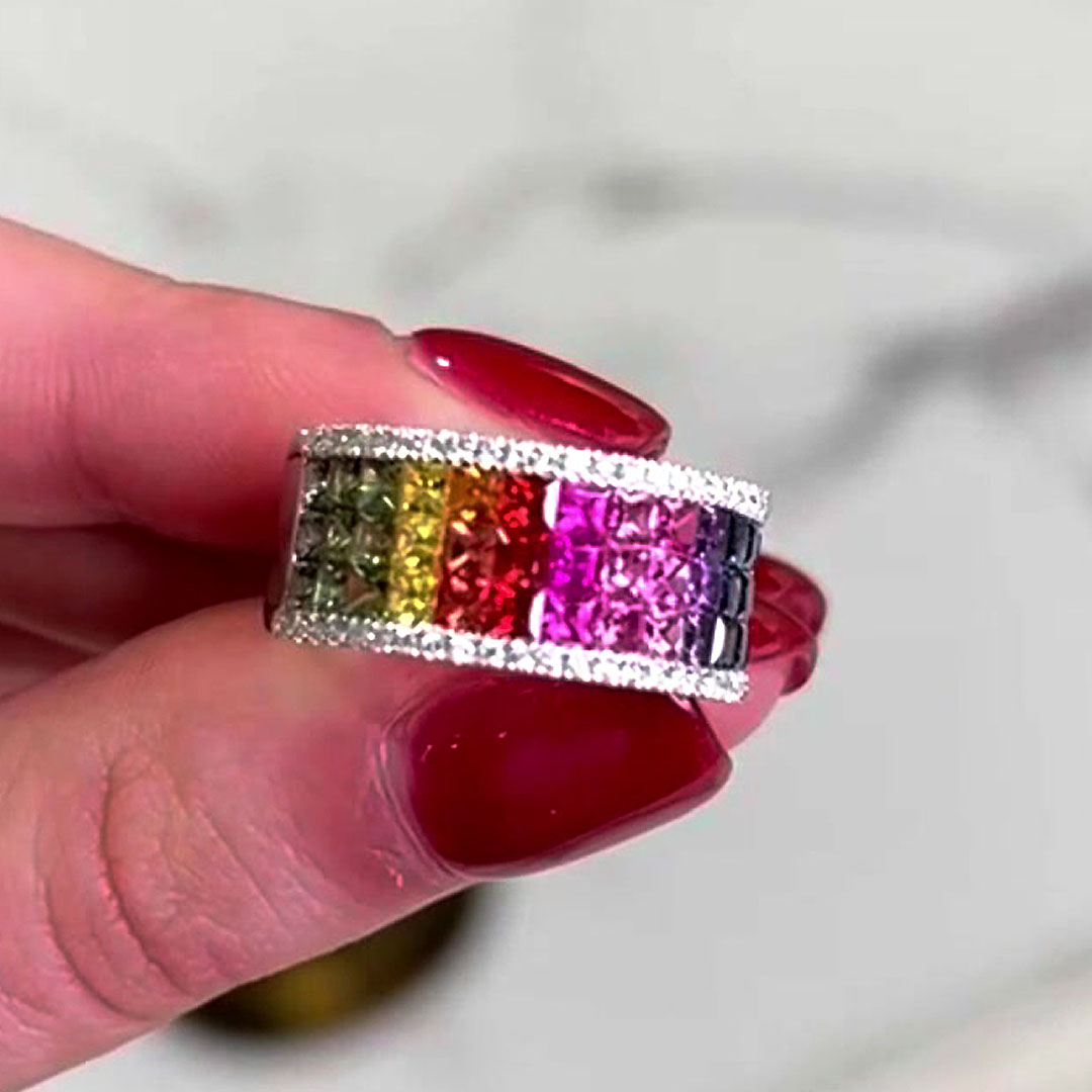 3.25ct Three Row Princess Cut Rainbow Sapphire Eternity Ring