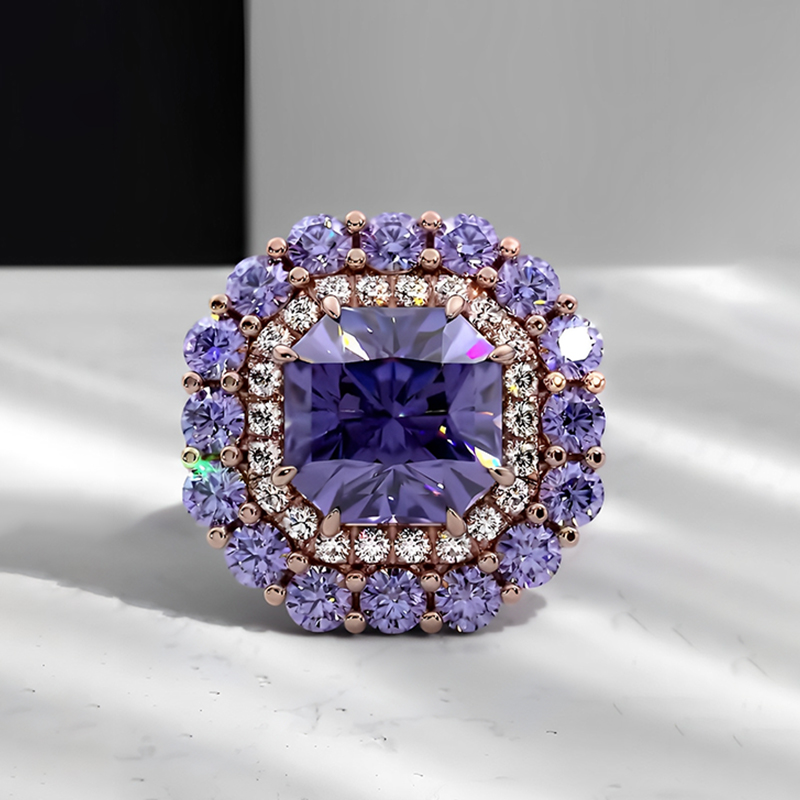 Double Halo 3ct Radiant Cut Amethyst Sapphire Engagement Ring