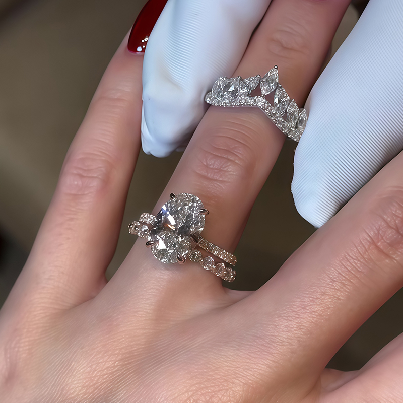 3ct Oval Cut White Sapphire Platinum Leaf Ring Set / 3-Piece