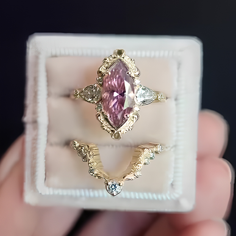 Vintage 1.5ct Marquise Cut Pink Sapphire Wedding Set