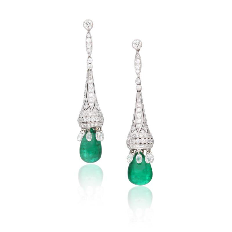 Occasion Pear Cut Emerald & Multi Cut White Sapphire Drop Earrings
