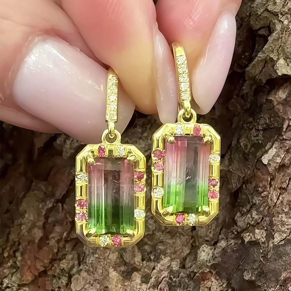 Watermelon Tourmaline Golden Color Earrings
