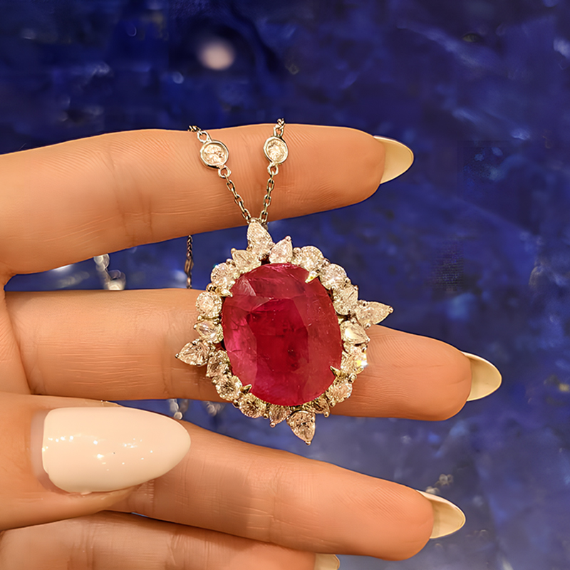 Ruby Sapphire Halo Pendant Necklace