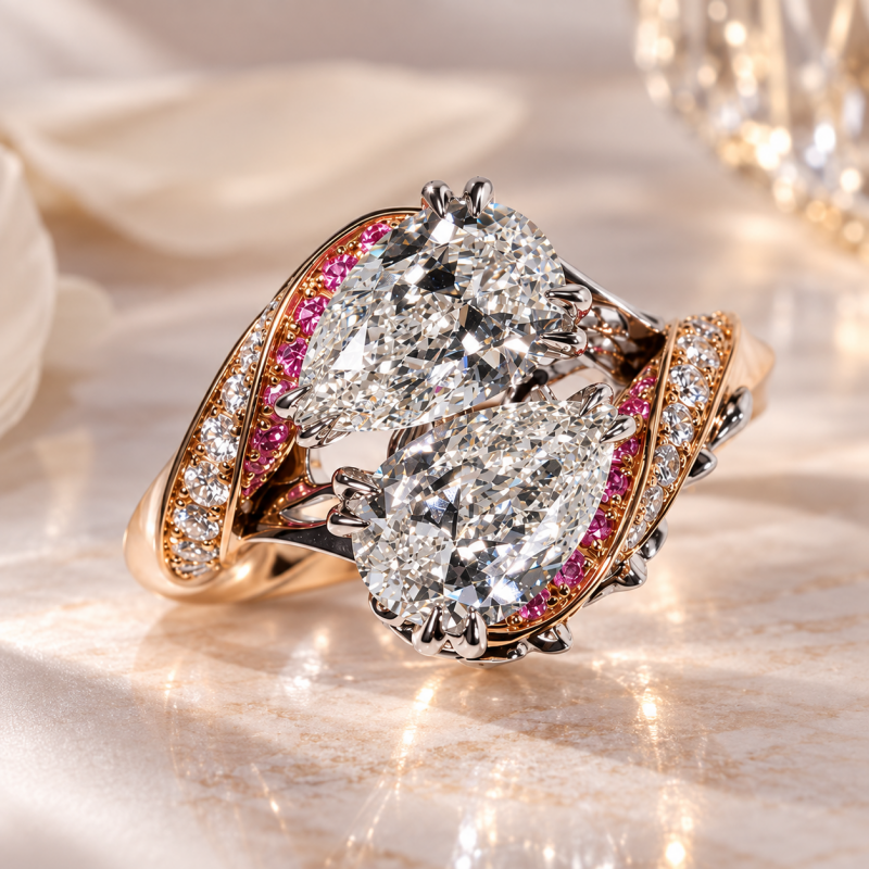 Vintage Toi et Moi Pear Cut White Sapphire Engagement Ring with Sculpted Orchid
