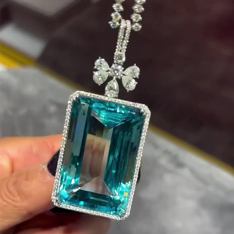 Halo Emerald Cut Aquamarine Sapphire Pendant Necklace