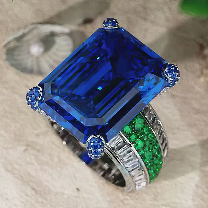 9ct Emerald Cut Blue Sapphire Engagement Ring