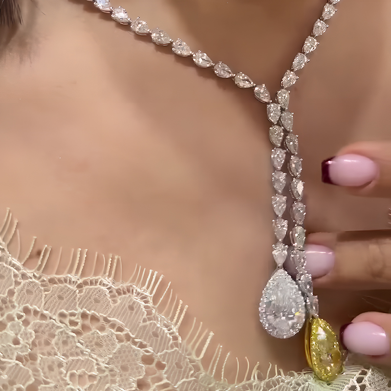 Two Tone Pear Cut Yellow&White Sapphire Lariat Necklace