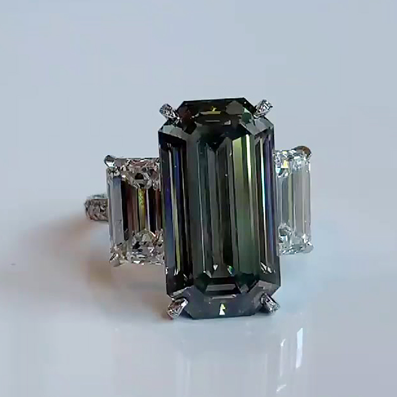 Three Stone 5ct Emerald Cut Deep Peridot Sapphire Ring