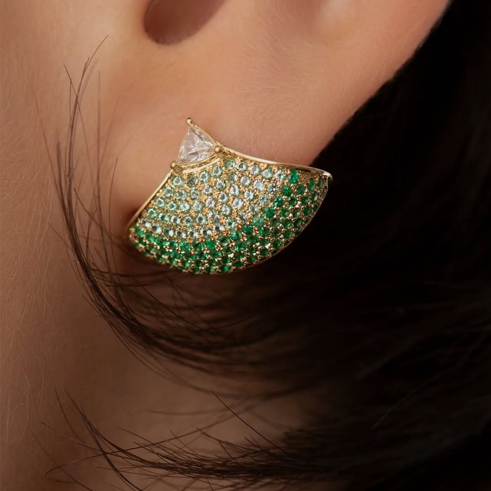 Fan Shape Gradient Emerald Sapphire Pave Stud Earrings