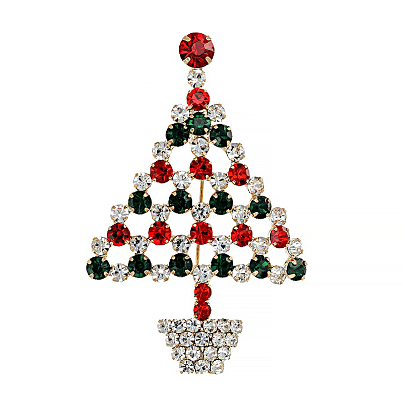 Holiday Round Cut Red, Green & White Sapphire Christmas Tree Brooch