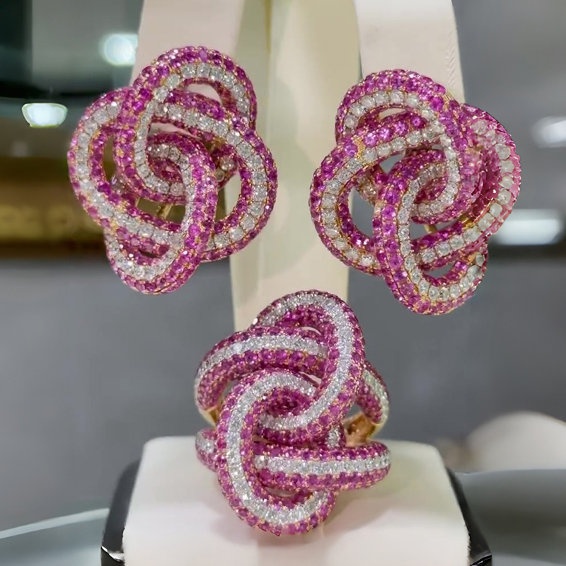 Ruby & White Sapphire Knot Jewelry Set (Earrings + Ring)