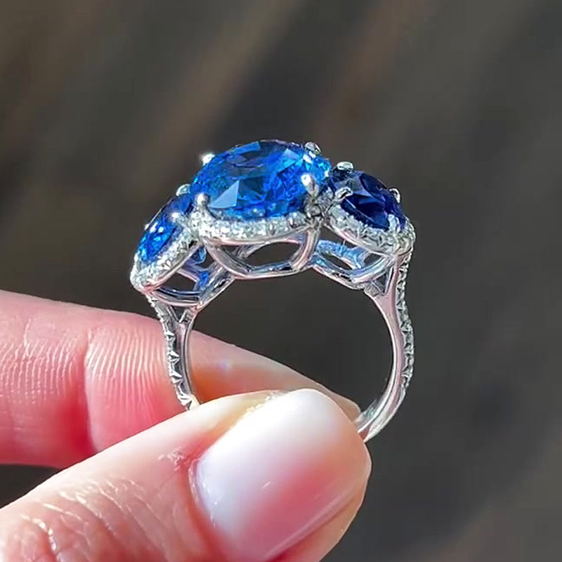 Fashion 7ct Three-stone Oval Cut Blue Sapphire Engagement Ring