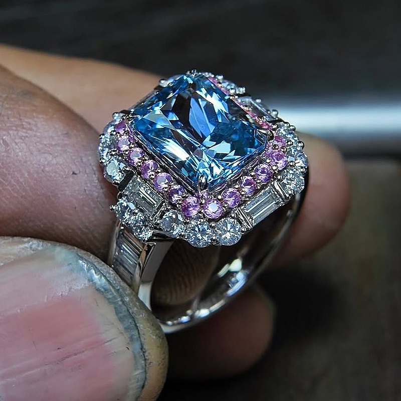 Double Halo 6ct Radiant Cut Light Blue Sapphire Engagement Ring