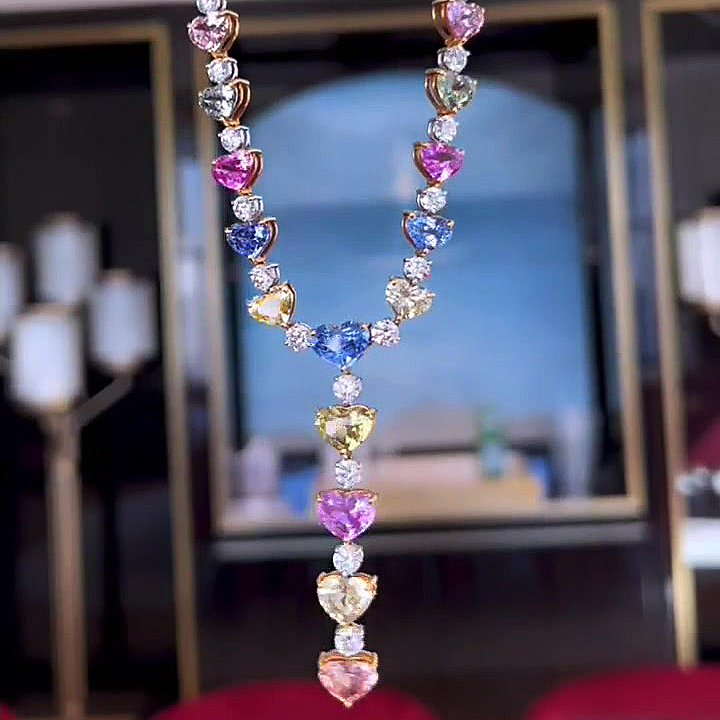 Heart Cut Rainbow Sapphire Necklace