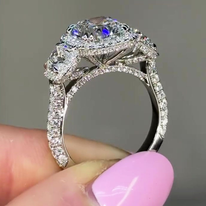 3ct Halo Three-stone Cushion Cut Diamond Engagement Ring