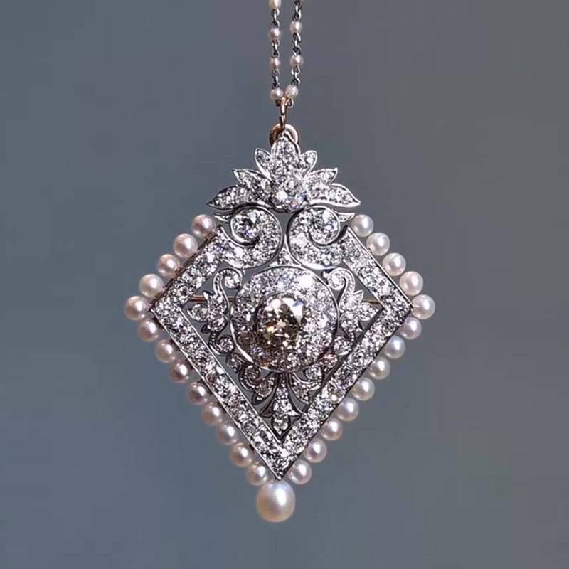 Convertible White Sapphire & Pearl Vintage Motif Brooch-Necklace