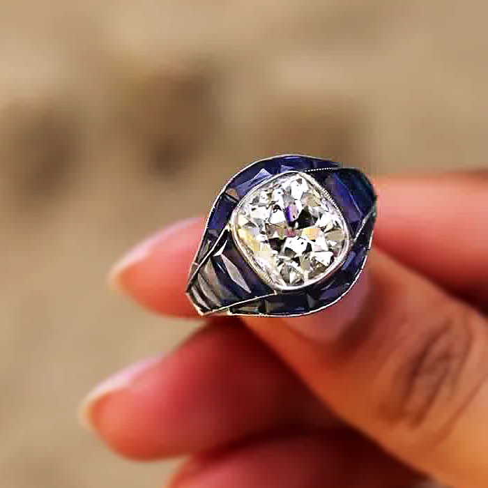6.57ct Art Deco Cushion Cut Blue Sapphire Engagement Ring