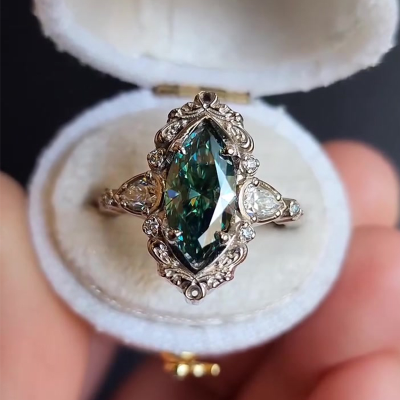 Vintage 1.5ct Marquise Cut Emerald Sapphire Engagement Ring