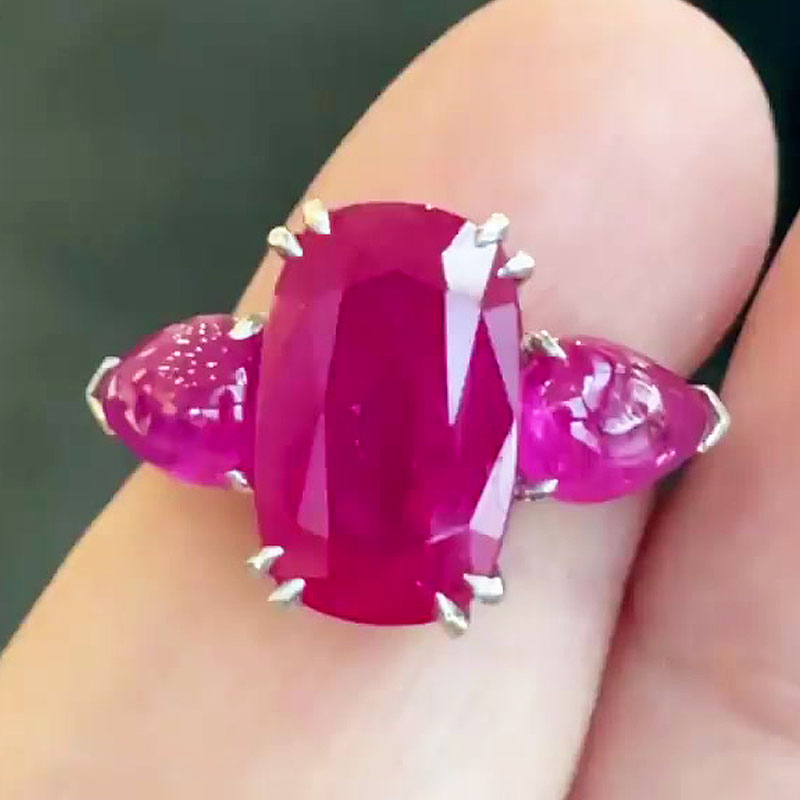 6ct Three Stone Elongated Cushion Cut Ruby Sapphire Engagement Ring