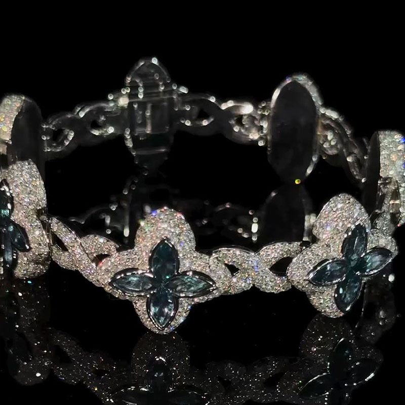 Men Marquise Cut Blue Sapphire Lucky Four Leaf Clover Bracelet