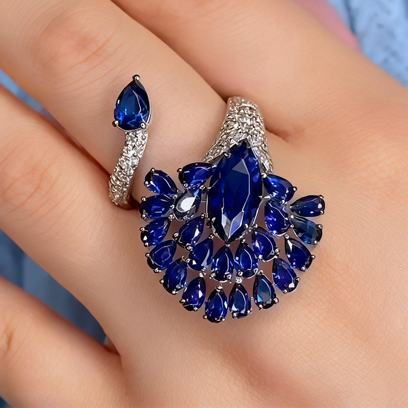 Fan Cluster Blue Sapphire Round & Pear Cut Cocktail Ring