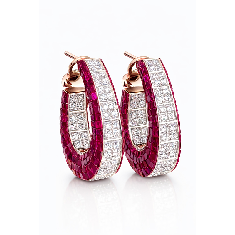 Invisible Princess Cut Ruby Sapphire U Shaped Hoop Earrings