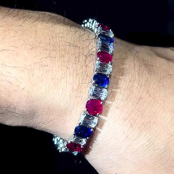 Three-Tone Multi-cut Blue&Ruby&White Sapphire Chain Bracelet