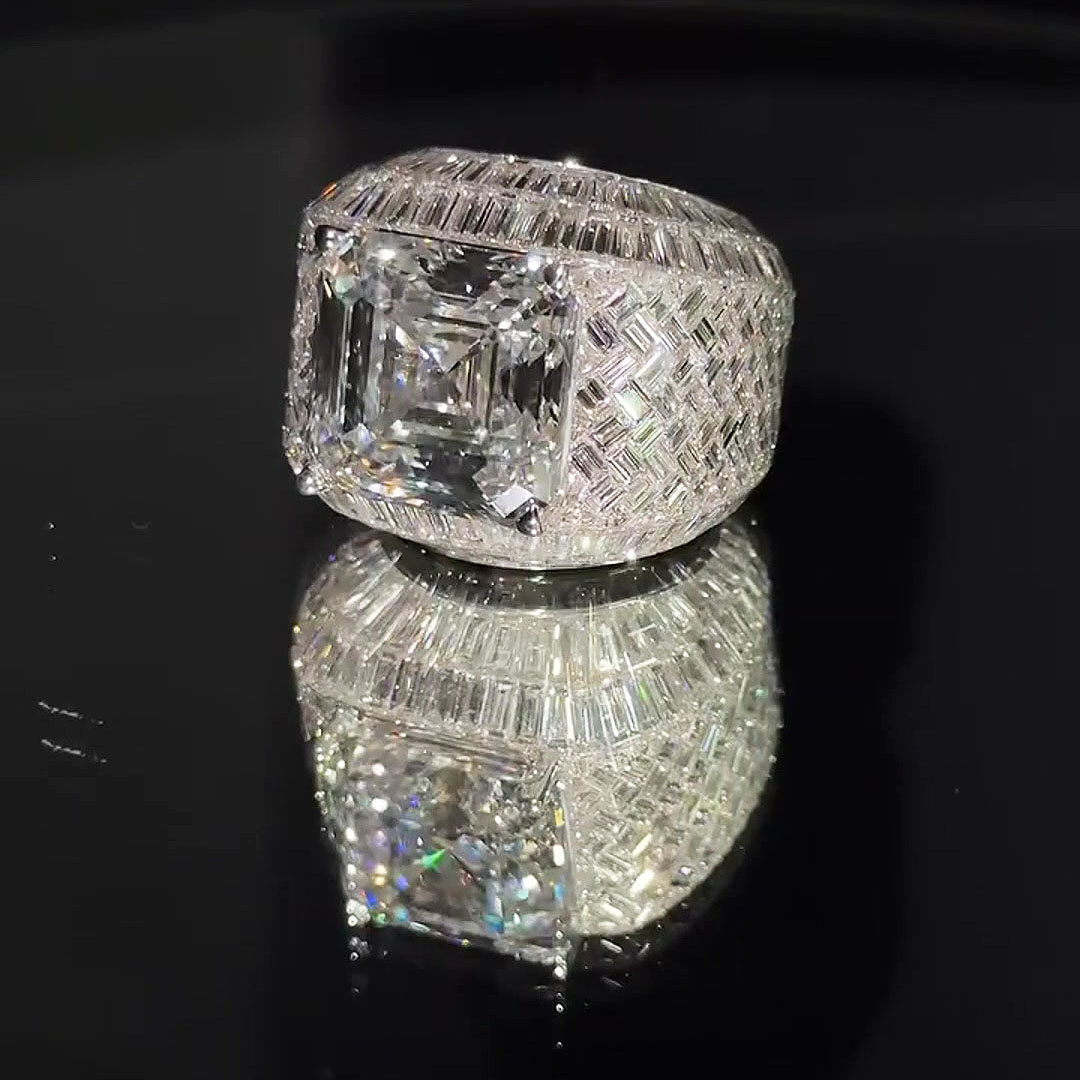 Sparkling 10ct Asscher Cut White Sapphire Men's Hip Hop Ring