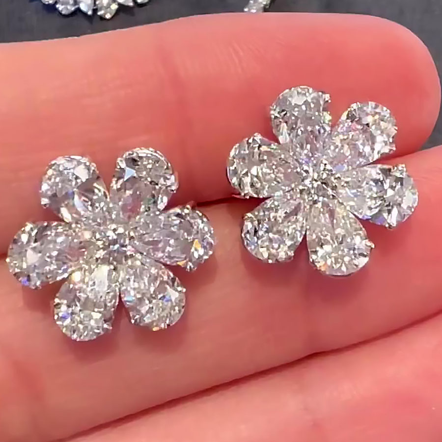 Flower Design Pear Cut White Sapphire Stud Earrings