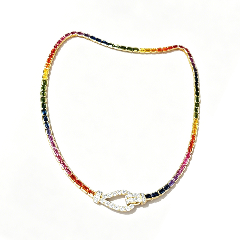 Emerald Cut Multi Color Sapphire Lasso Lock Rainbow Necklace