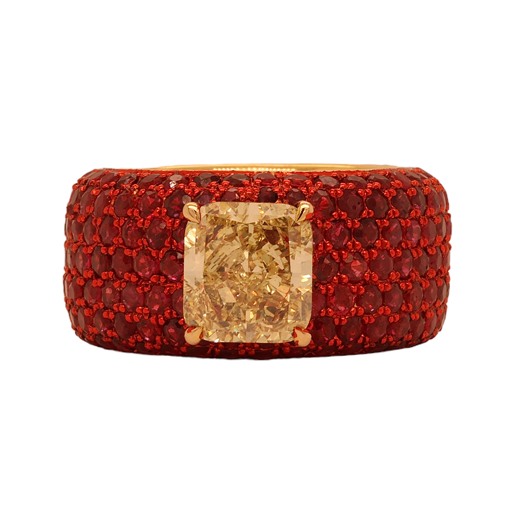 7ct Radiant Cut Fancy Yellow Sapphire Ring &Ruby Paved