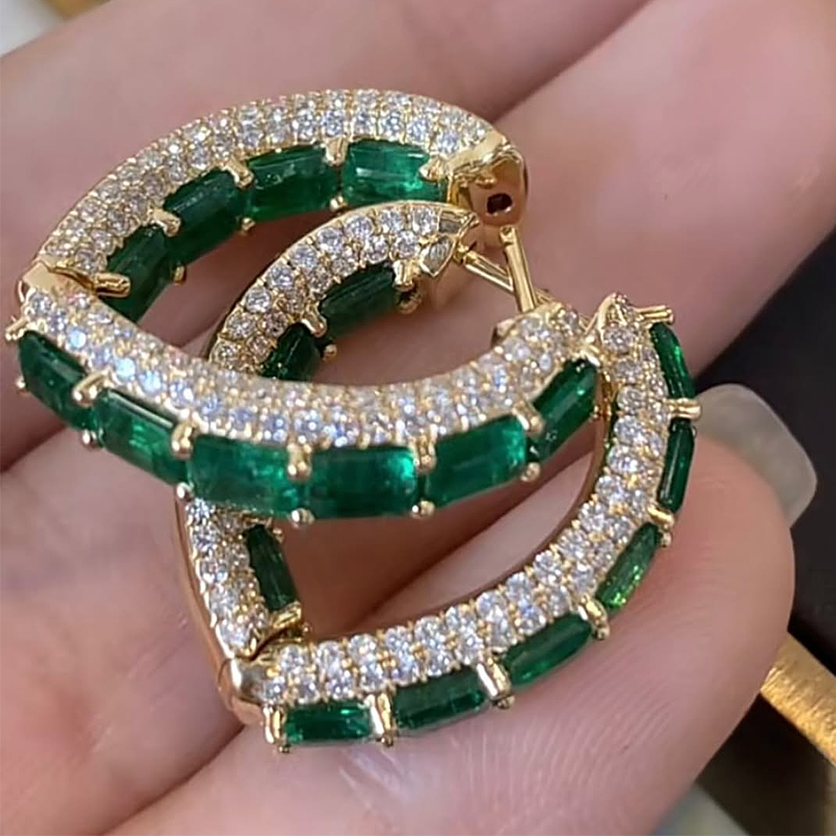 Emerald & White Sapphire Hoop Earrings