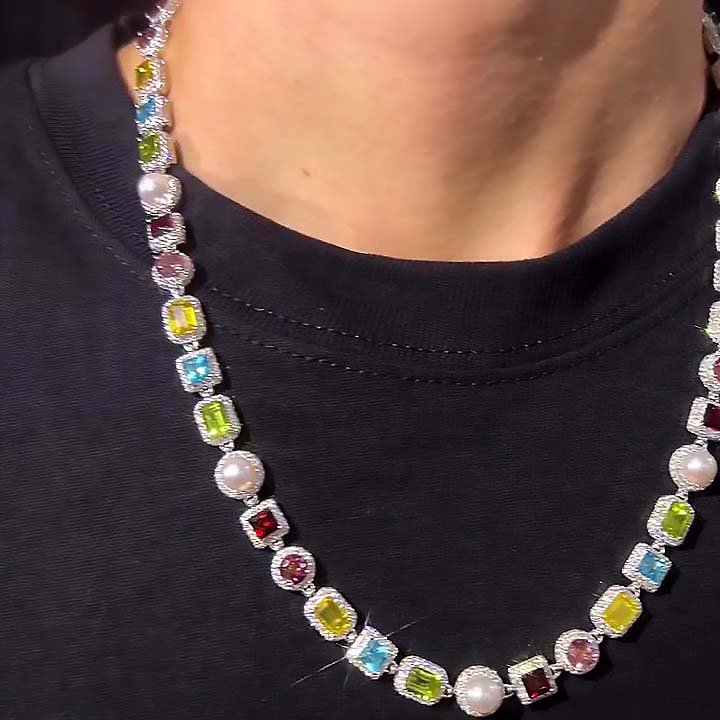 Multi-Shape Cut Rainbow Sapphire Men's Necklace